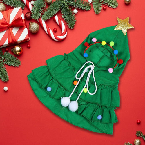 Green Christmas tree pet dress costume with gold star and multicolor pom-pom trim