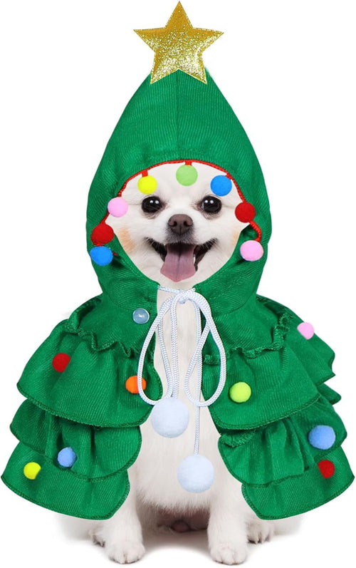 Green Christmas tree pet costume with gold star hood, pom-pom lights, and white drawstring