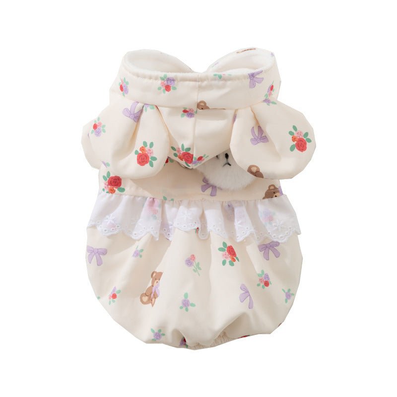 Two-legged pet jacket, white with floral bear print, hood and lace ruffle trim