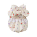 Two-legged pet jacket, white with floral bear print, hood and lace ruffle trim