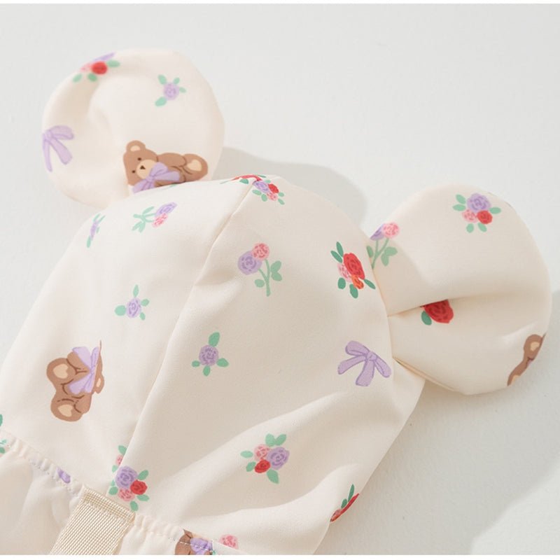 Cream cotton-padded two-leg pet jumpsuit with floral and teddy prints