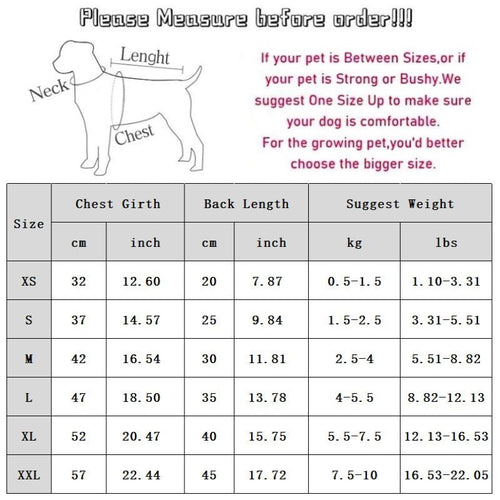 Pet clothing size chart with neck, chest, back length, and weight estimates