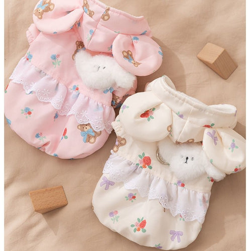 Pink cotton-padded two-leg pet outfit with lace ruffle hem and teddy bear plush face