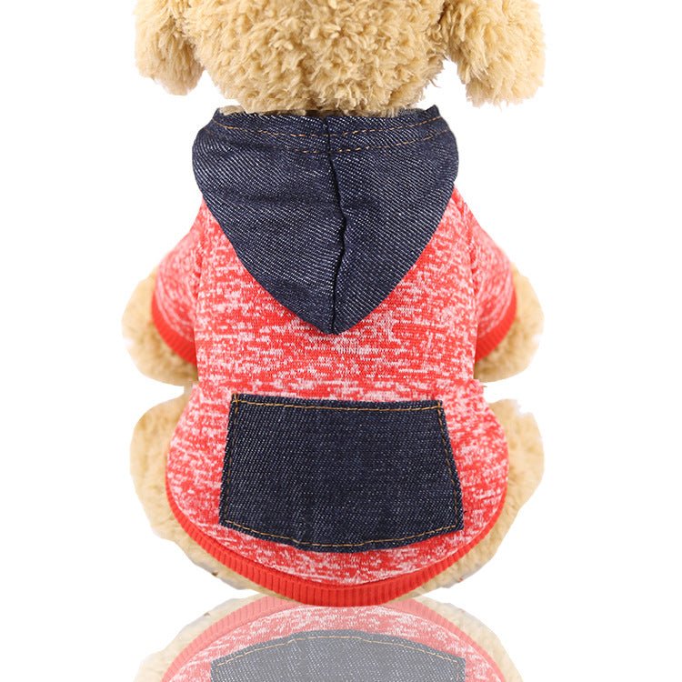 Red denim-look pet hoodie, hood and front pocket patch