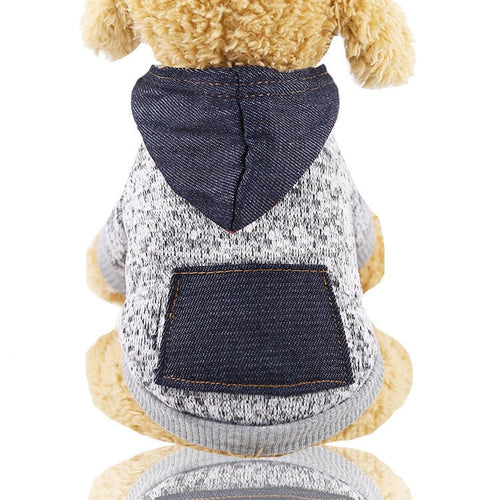 Gray speckled pet hoodie with dark navy hood and front pocket