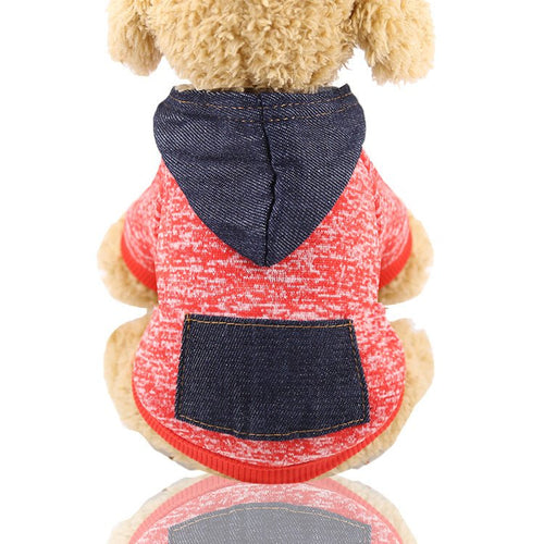 Red and dark denim-look pet hoodie, hood and front pocket
