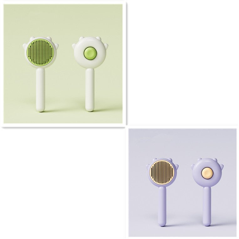 Set of pet grooming brushes: green bristle head and purple bristle head, white handles