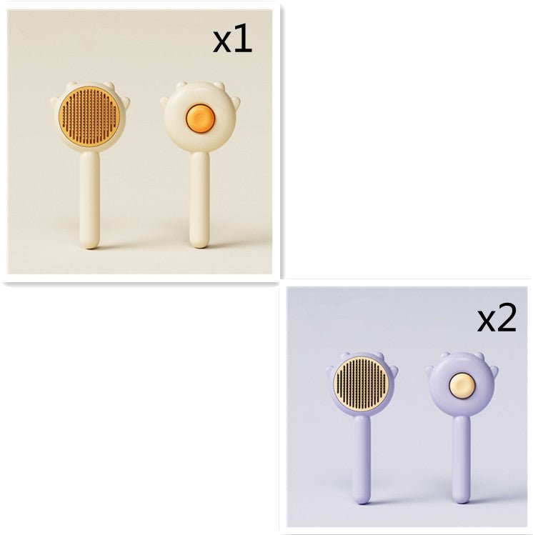 Pet grooming brushes with orange and purple round massage heads, white handles