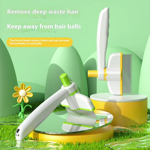 Self-cleaning pet grooming brush with rotating comb head and yellow base stand