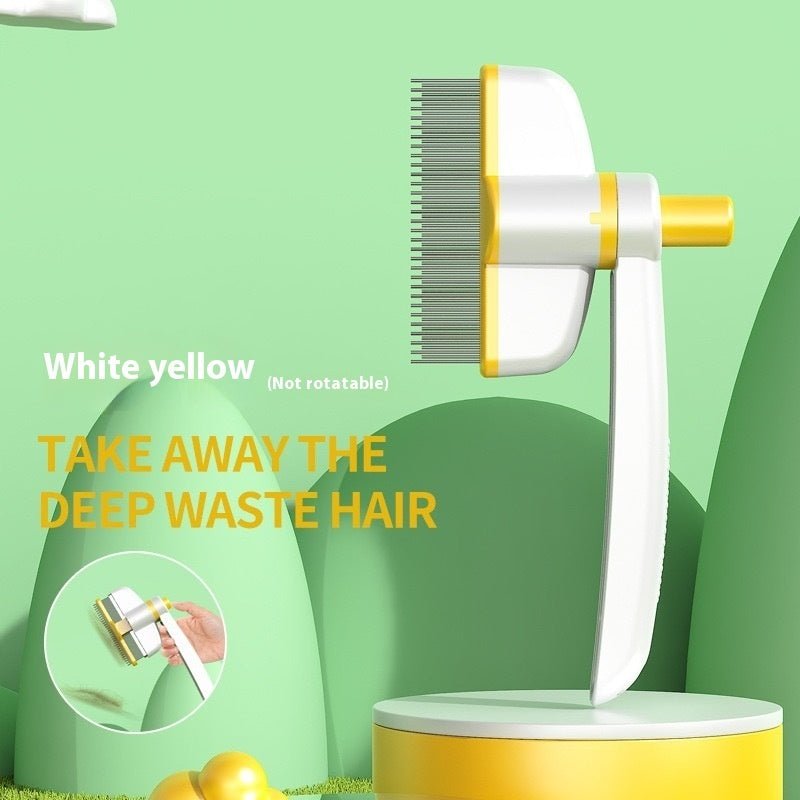 White-and-yellow self-cleaning pet brush with rotating comb head and stand