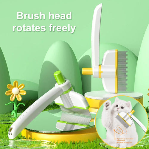 Self-cleaning pet grooming brush with rotating comb head and green handle