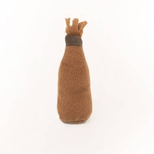 Brown plush cat toy whiskey bottle shape, upright with fuzzy tail-like top
