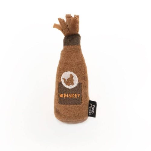 Brown plush cat toy shaped like a whiskey bottle, with small cat logo patch