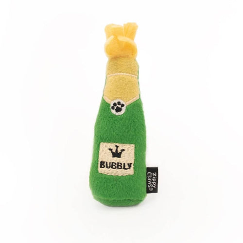 Green bubbly plush cat toy with beige top, face patch, and 'Bubbly' label