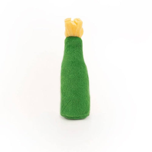 Green bubbly plush cat toy, tall side view with yellow top and small face patch