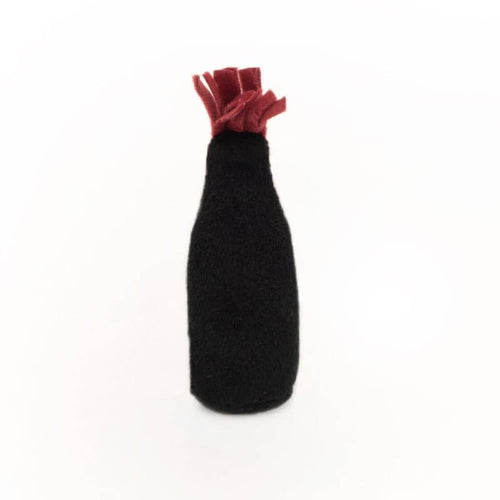 Bottle-shaped black plush cat toy with red top tuft