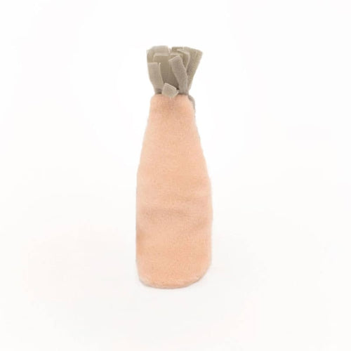 Plush cat toy bottle with gray cap, pink-beige plush body, side view.
