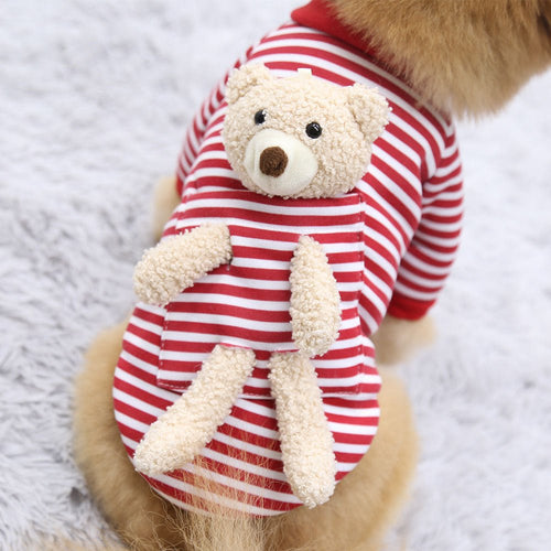 Red and white striped pet sweater with teddy bear applique