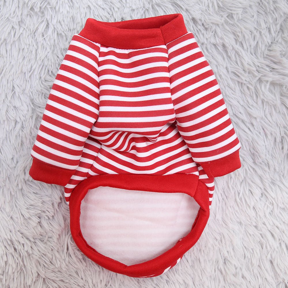 Red and white striped pet dog turtleneck sweater with bear design