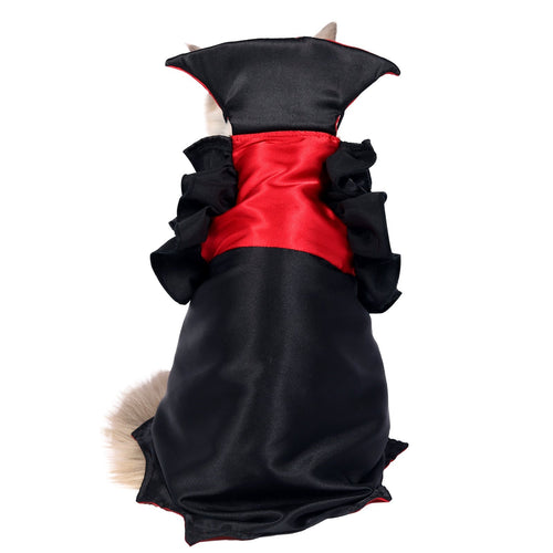 Cat vampire costume back view: black hood with red satin vest and ruffled sleeves