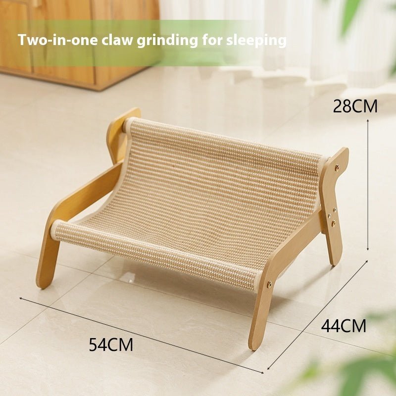 Wooden cat scratch recliner with beige woven hammock and curved side armrests