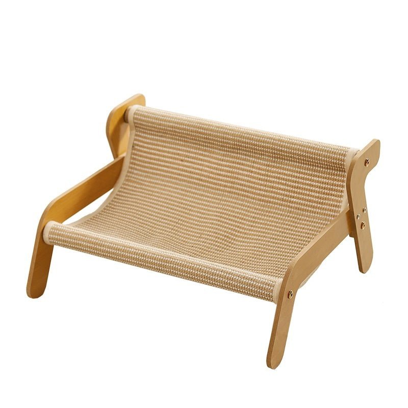 Beige woven cat scratch lounge recliner with light wood legs and side supports