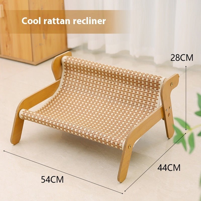 Cool rattan-style cat recliner scratch board with beige woven hammock and wood frame