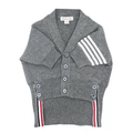 Grey cat cardigan with button front, striped shoulder patch, and side stripe bands