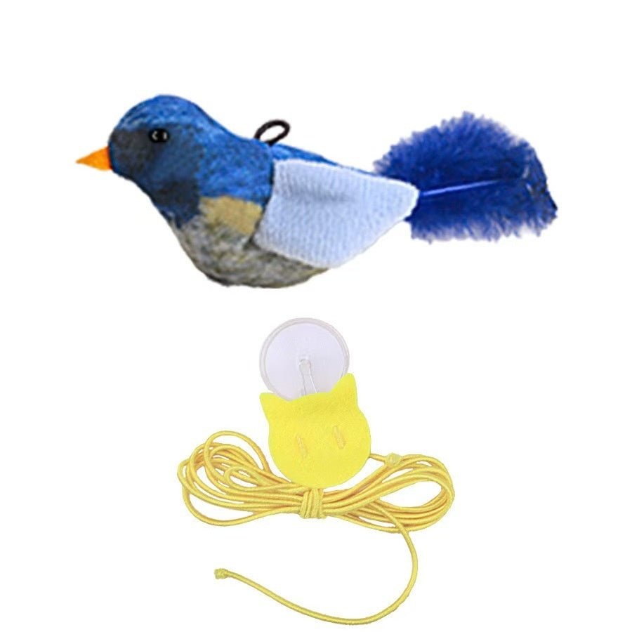 Plush blue and gray bird cat teaser with fuzzy tail and hanging rope