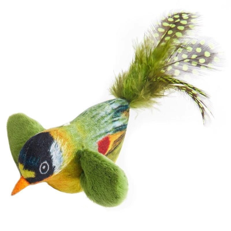 Plush bird cat toy with green body, blue eye patch, and fuzzy feather tail