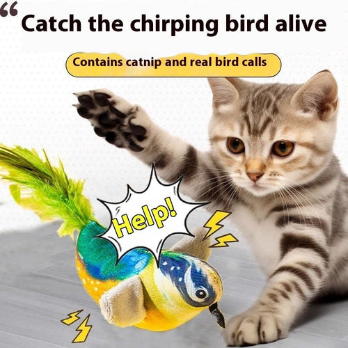 Cat hanging bird teaser toy with green plush wings and yellow beak, on rope