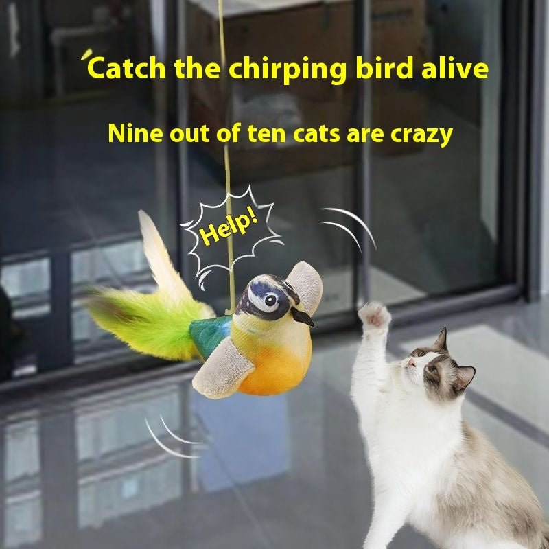 Cat hanging bird teaser toy with hanging plush finch and yellow rope