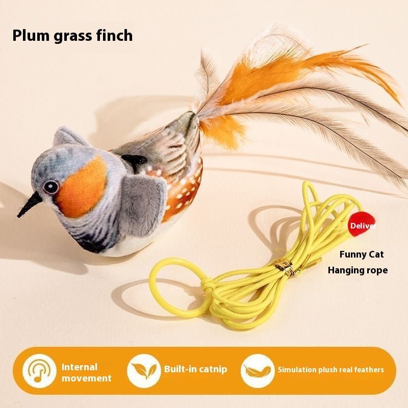 Plush plum grass finch cat toy with gray body, orange beak, and hanging rope