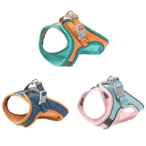 Cat chest traction rope straps set: teal, blue/orange, and pink/blue with metal clips