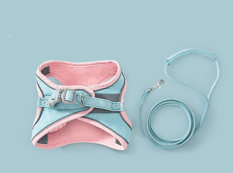 Cat chest traction rope strap set: pink and light-blue padded harness with matching rope