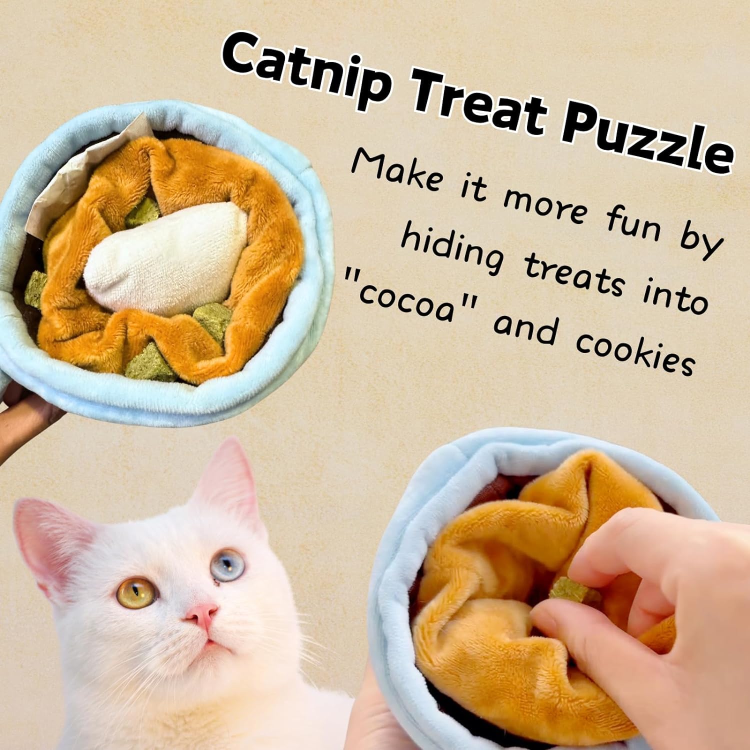 Blue plush treat puzzle cup toy with orange inner pouch and white stuffed pieces