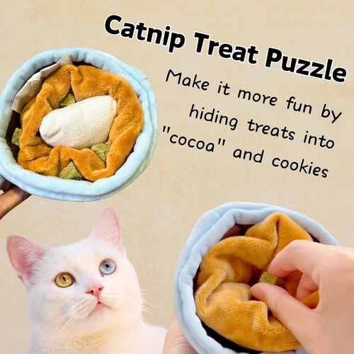 Blue plush treat puzzle cup toy with orange inner pouch and white stuffed pieces