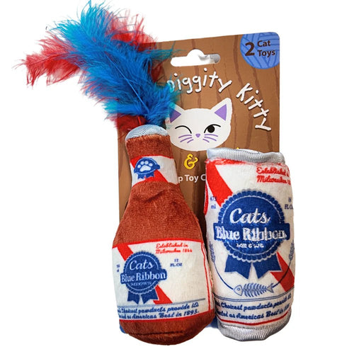 Two plush catnip ribbon toys with blue and red feather tails, in brown retail packaging.