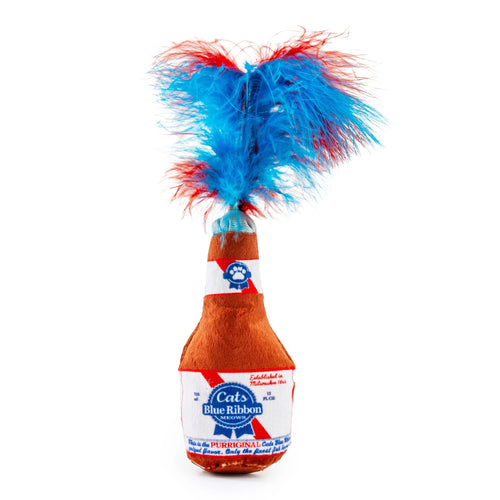 Single plush catnip ribbon toy with blue and red feather tuft and red-and-white fabric body.