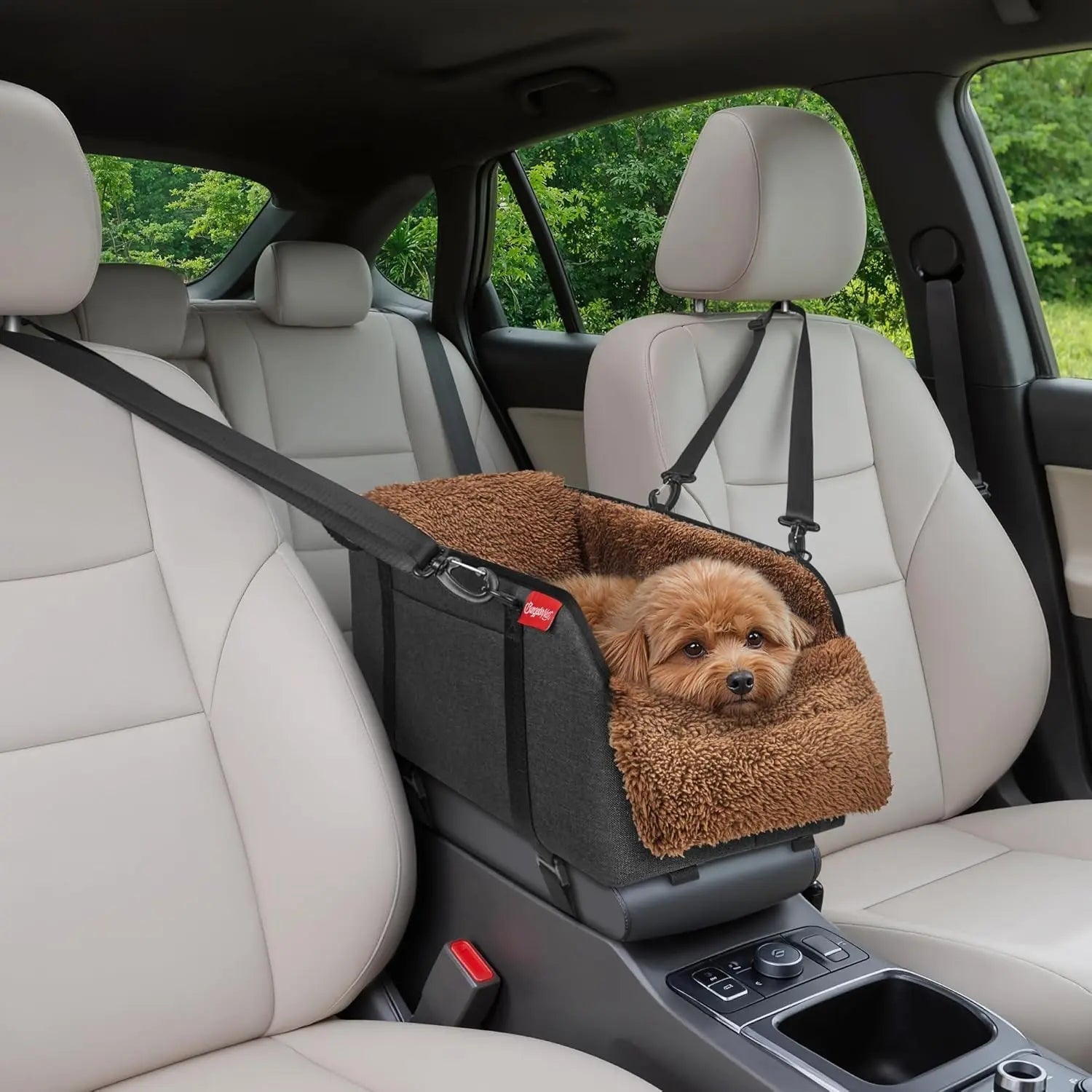 Portable dog booster seat for car center console, brown plush cushion and side straps