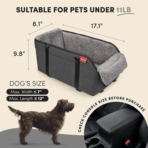 Grey dog booster seat with plush backrest and front pillow, shown with size diagram