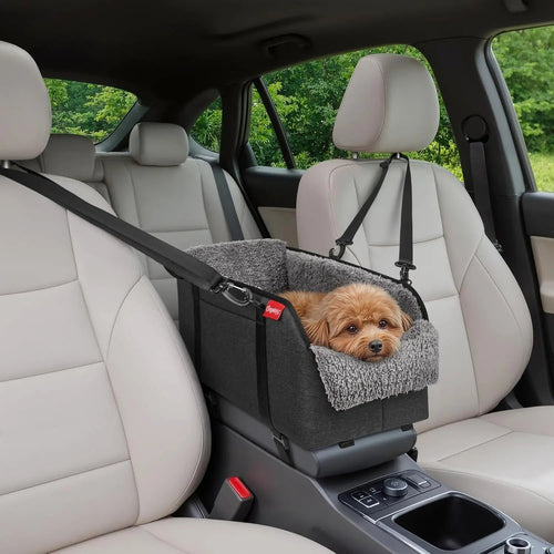 Portable dog booster seat for car center console, grey plush cushion and side straps