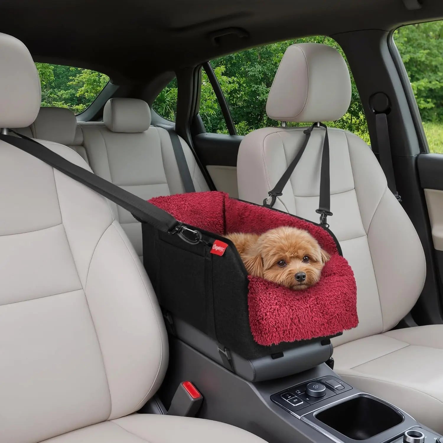 Portable dog booster seat for car center console, red plush cushion and secure side straps