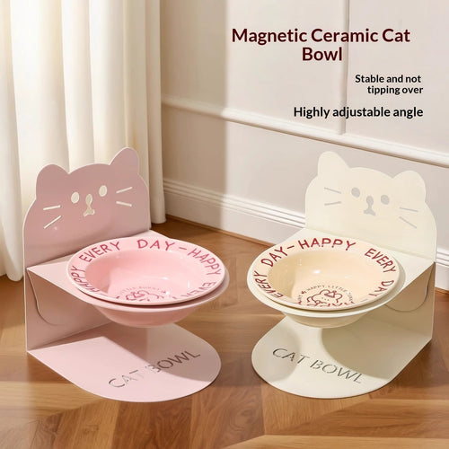 Pink ceramic cat food bowl with magnetic high-legged stand, adjustable angle