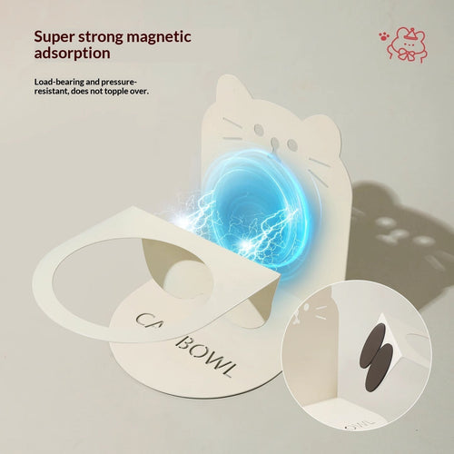 White ceramic cat food bowl with magnetic cat stand, secure magnetic hold