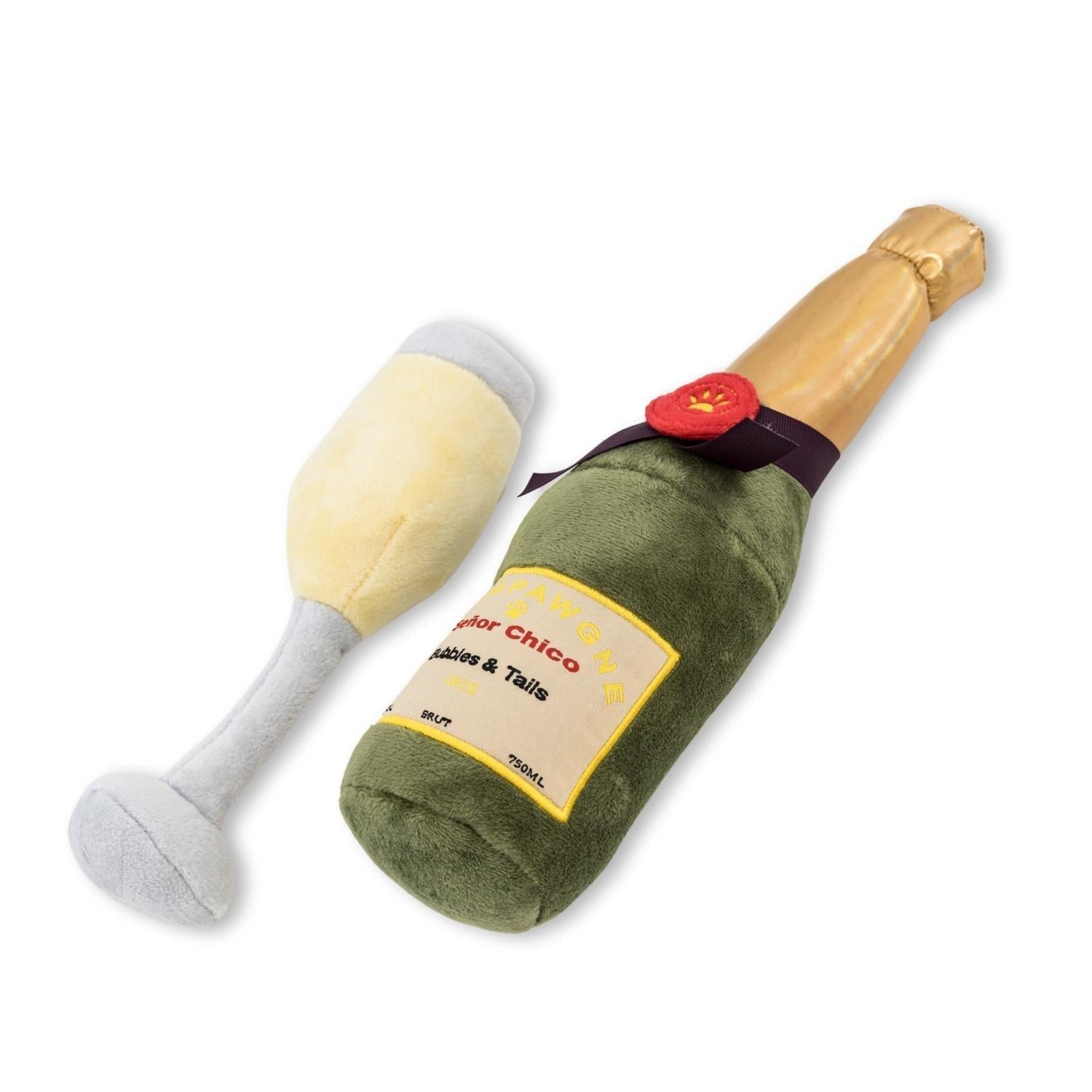 Bottle and wine-glass plush dog toys in cream and green with red ribbon emblem
