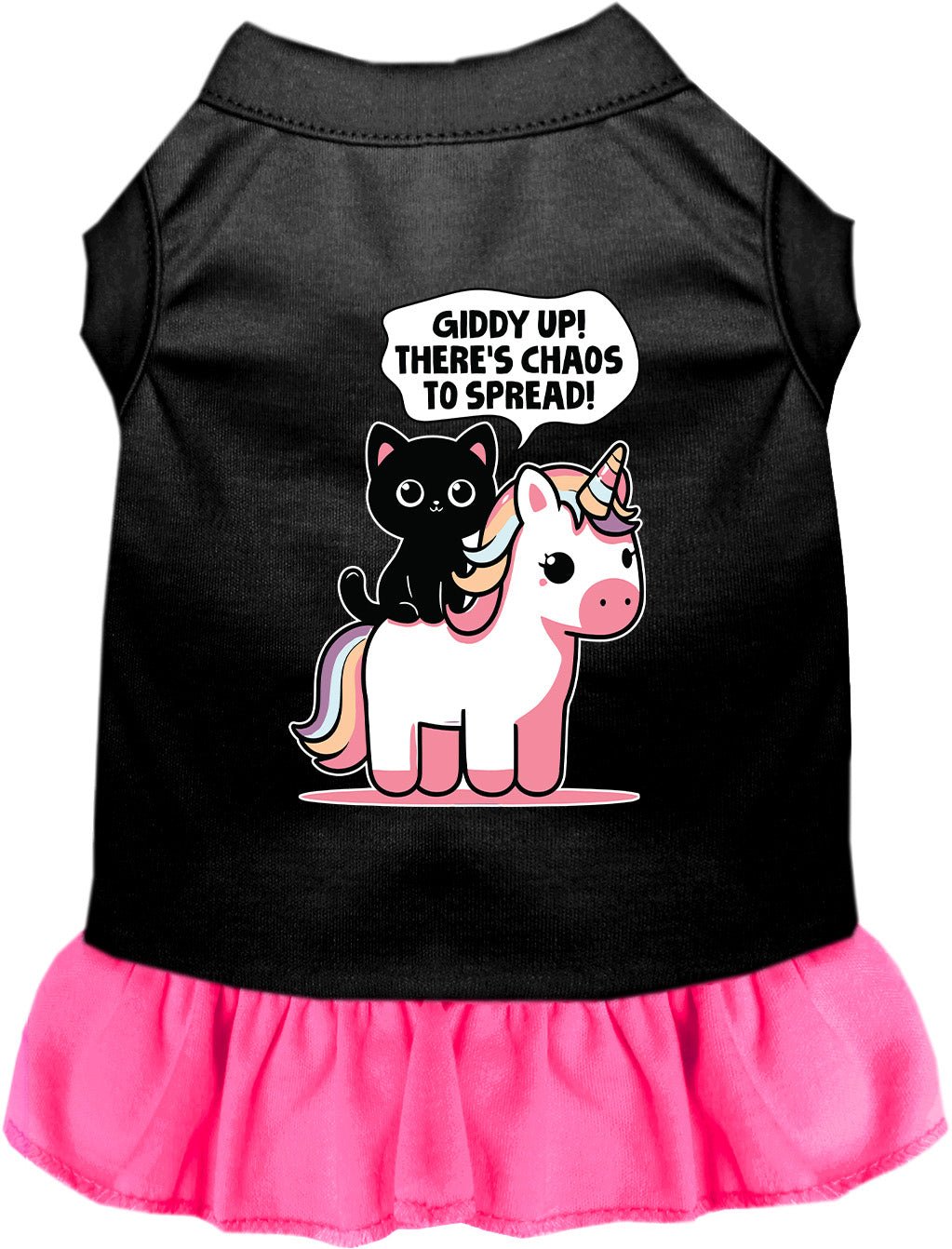Black pet dress with bright pink ruffle hem and unicorn-cat graphic on front