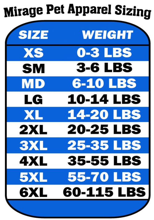 Pet apparel sizing chart with size XS to 6XL and corresponding weights in LBS
