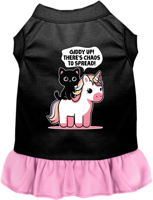 Black pet dress with pink ruffle hem and unicorn-cat graphic on front