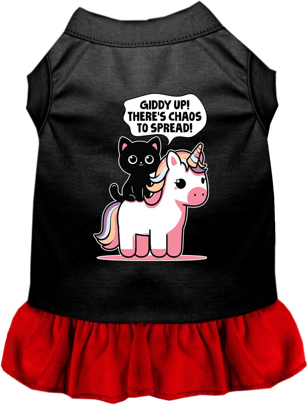 Black pet dress with red ruffle hem and unicorn-cat graphic on front